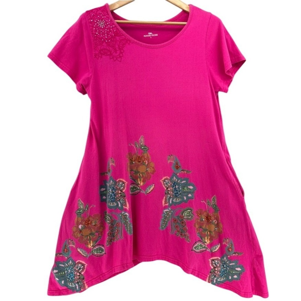 Princess Cruises Pink Floral Rhinestone Cotton Sharkbite Tunic Top L Oversized‎